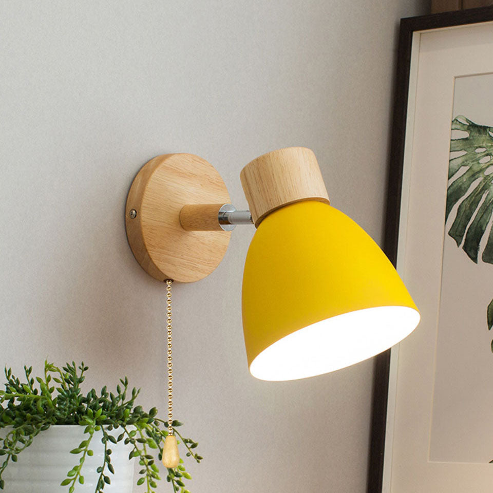 Caramella | Macaron Wall Sconce with Wood Arm and Pull Chain, Colorful Iron Bedside Wall Light