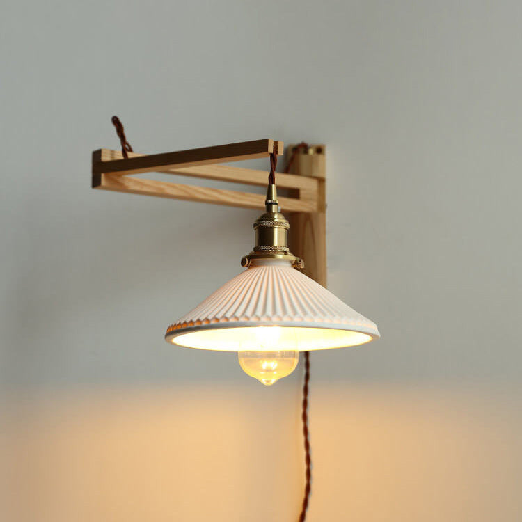 Latte | Striped Milk Glass Swing Arm Wall Sconce, Wood Arm Plug In or Hardwired Bedside Reading Light