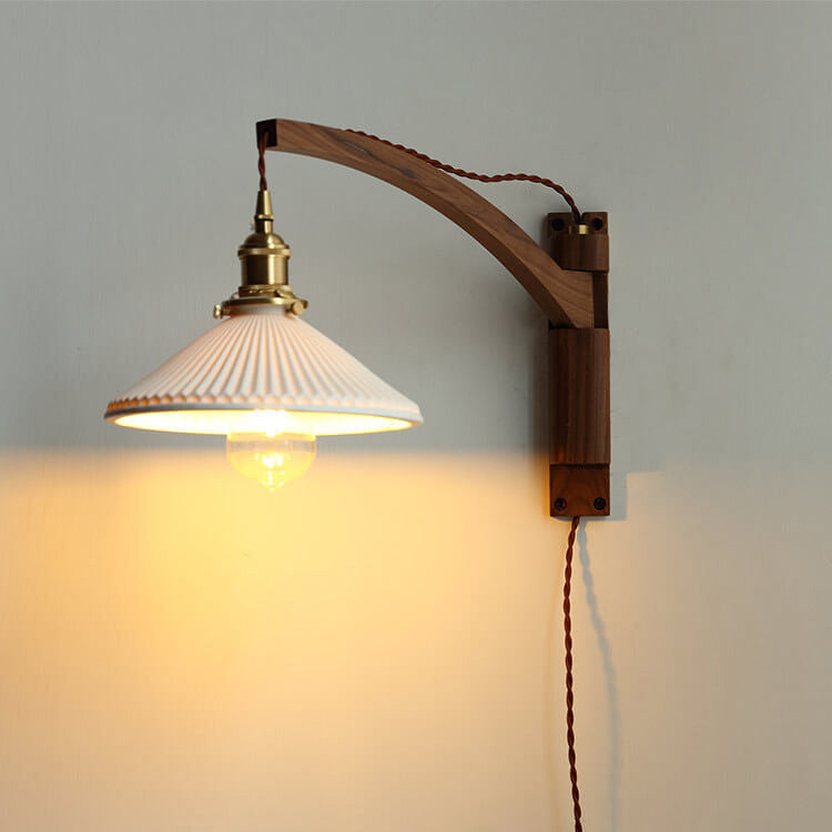 Latte | Striped Milk Glass Swing Arm Wall Sconce, Wood Arm Plug In or Hardwired Bedside Reading Light
