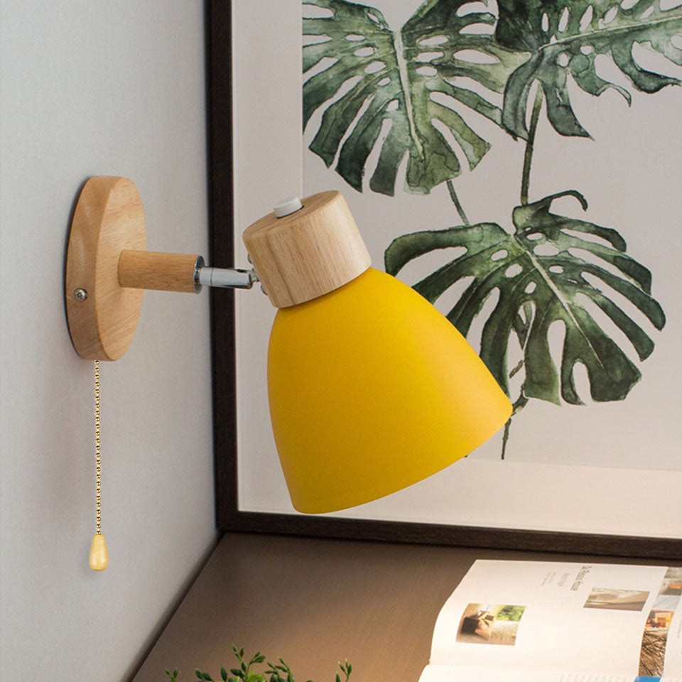 Caramella | Macaron Wall Sconce with Wood Arm and Pull Chain, Colorful Iron Bedside Wall Light
