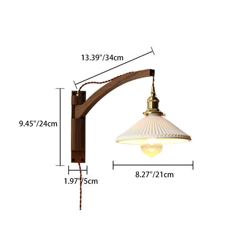 Latte | Striped Milk Glass Swing Arm Wall Sconce, Wood Arm Plug In or Hardwired Bedside Reading Light