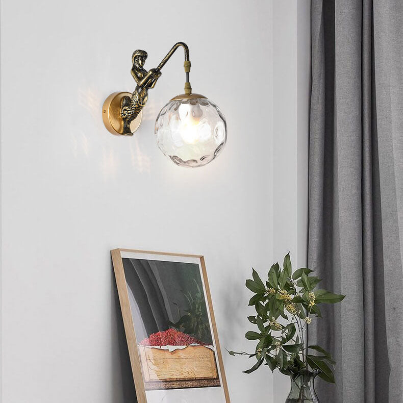 Sirena | Vintage Glass Orb Wall Sconce with Cast Relief Backplate, Black or Gold Wall Light for Hallway