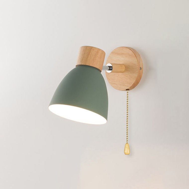 Caramella | Macaron Wall Sconce with Wood Arm and Pull Chain, Colorful Iron Bedside Wall Light