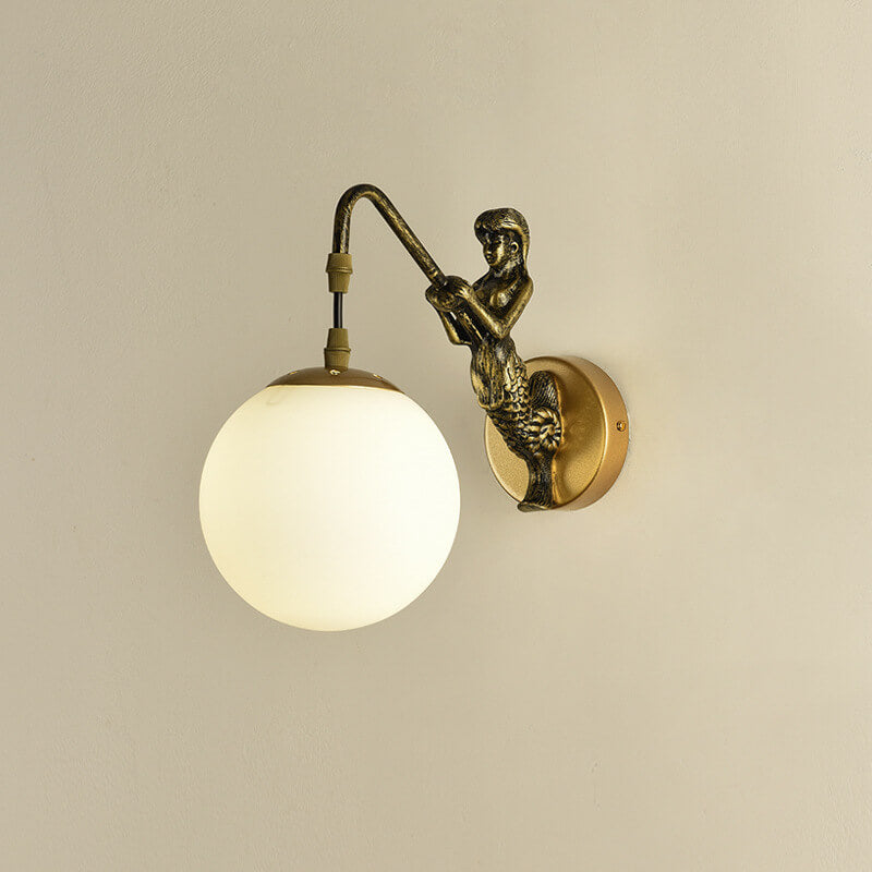 Sirena | Vintage Glass Orb Wall Sconce with Cast Relief Backplate, Black or Gold Wall Light for Hallway
