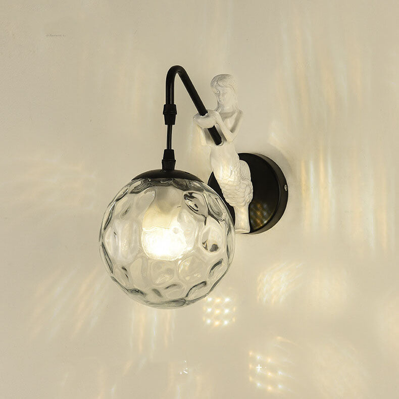 Sirena | Vintage Glass Orb Wall Sconce with Cast Relief Backplate, Black or Gold Wall Light for Hallway