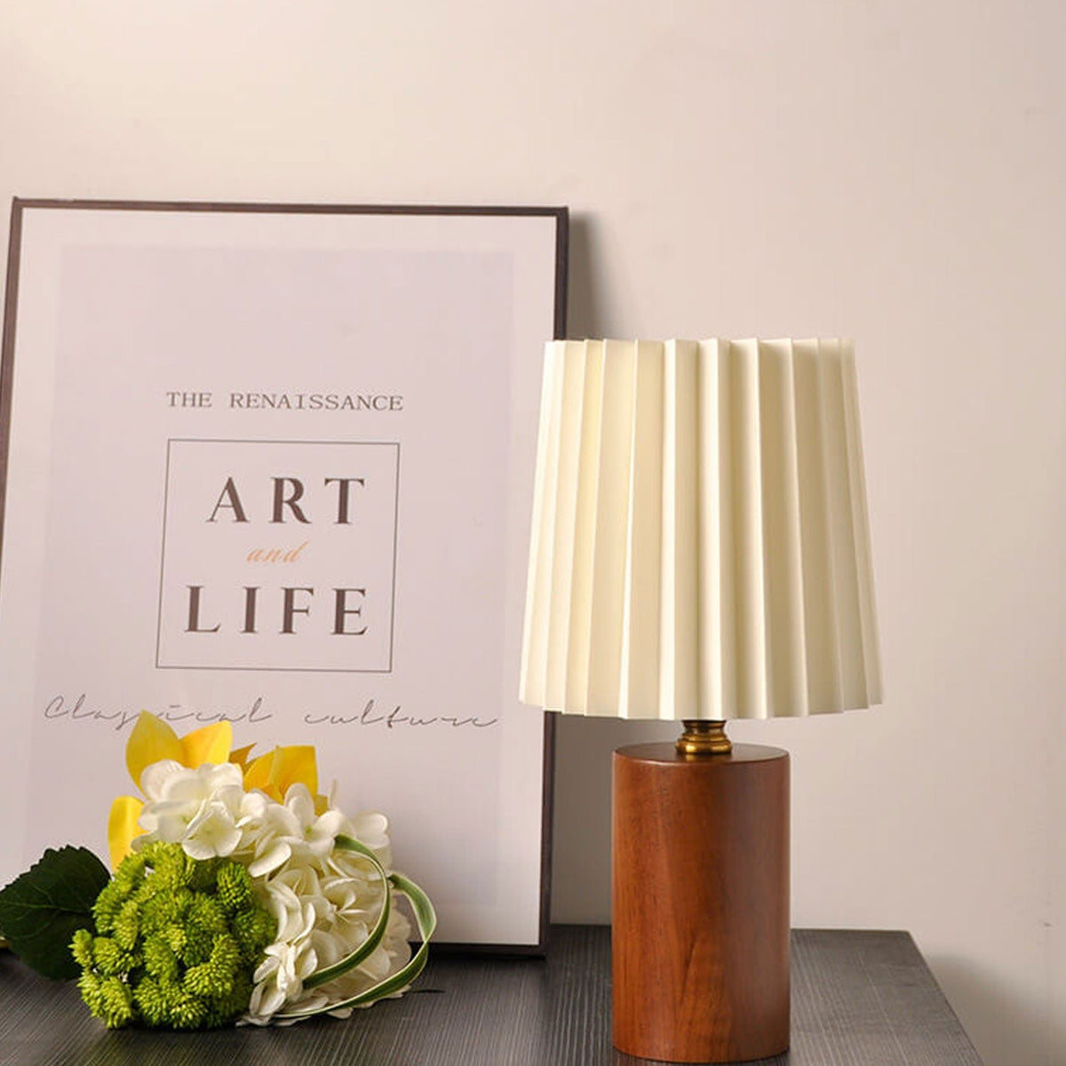 Colonna | Pleated Shade Table Lamp with Solid Wood Base, Vintage Bedside Lamp in Walnut or Natural Wood