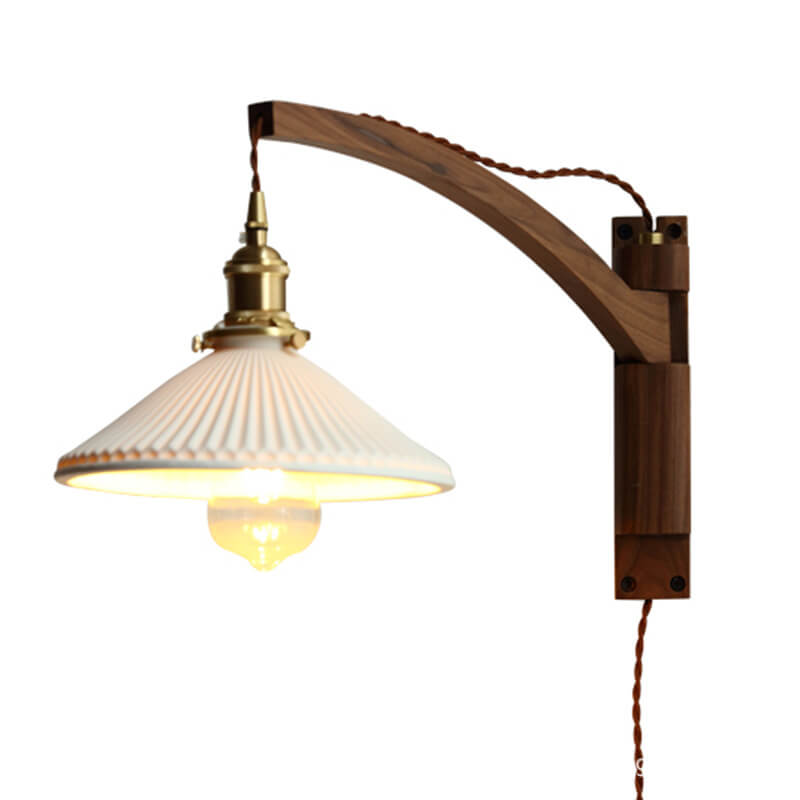 Latte | Striped Milk Glass Swing Arm Wall Sconce, Wood Arm Plug In or Hardwired Bedside Reading Light