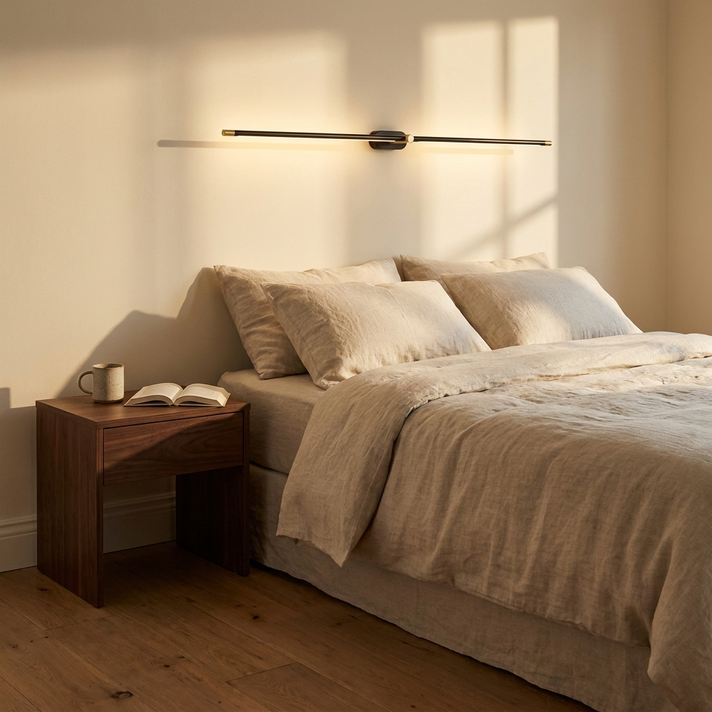 Skyla linear wall lamp above a bed