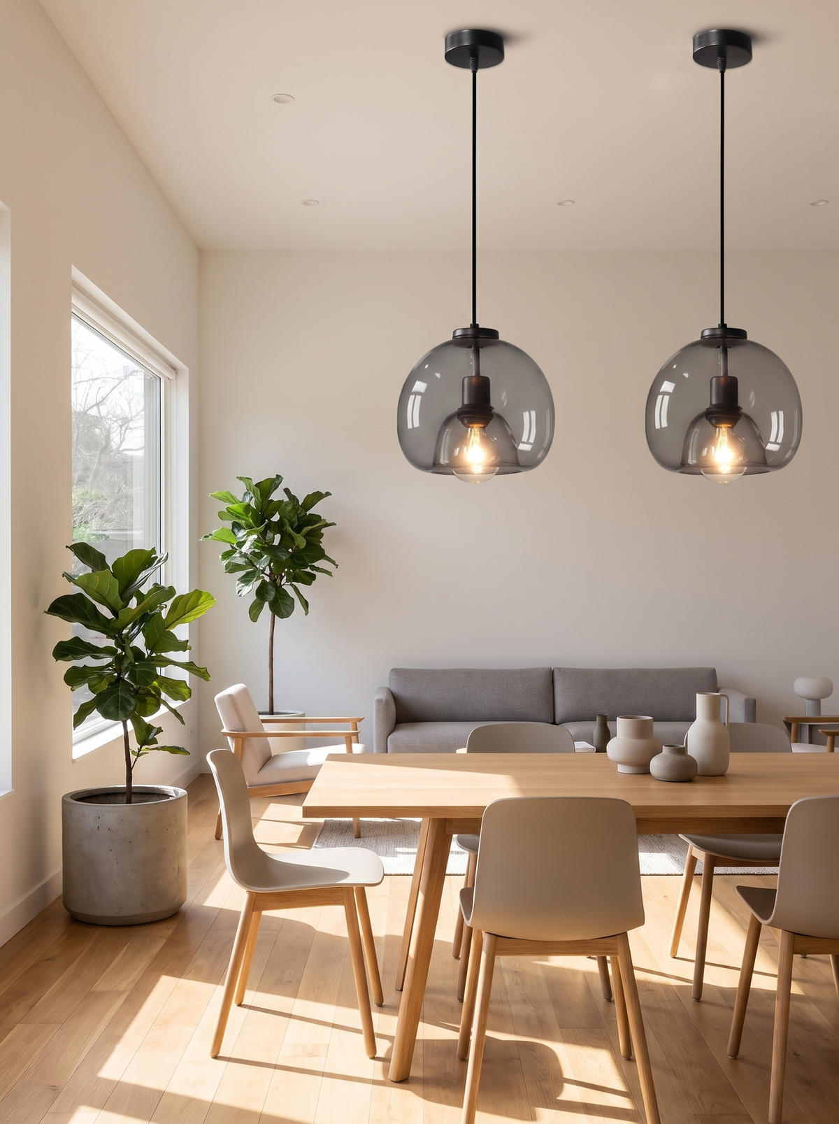 Minimalist Smoke Gray 1-Light Hand-Blown Glass Dome Pendant Light image with text 3