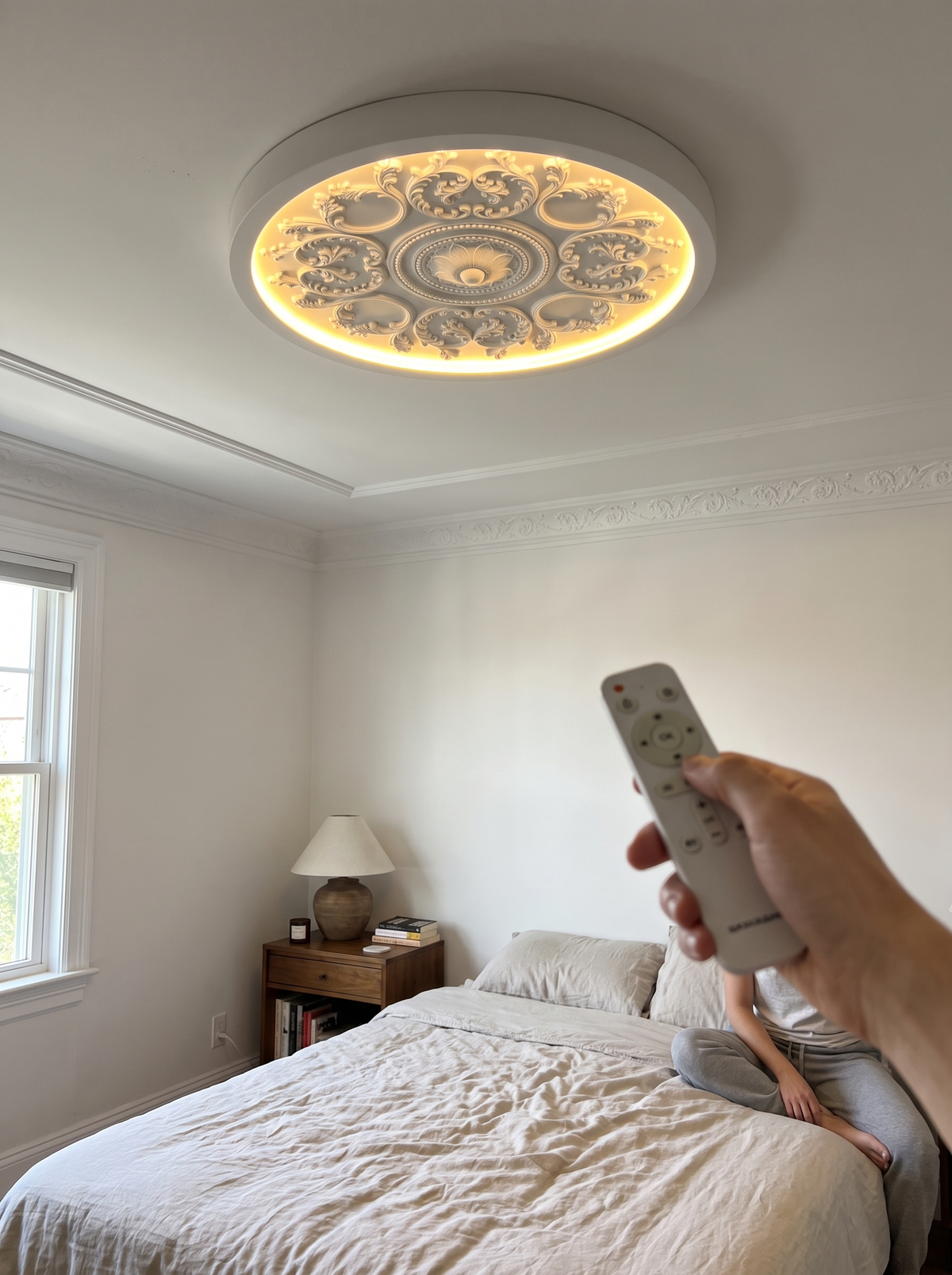 Modern Minimalist Carved Iron Resin Acrylic LED Flush Mount Ceiling Light For Bedroom image with text 2