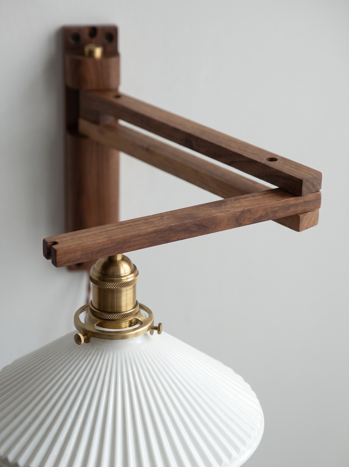 Nordic Milk White Striped Glass Walnut Retractable 1-Light Wall Sconce Lamp image 1