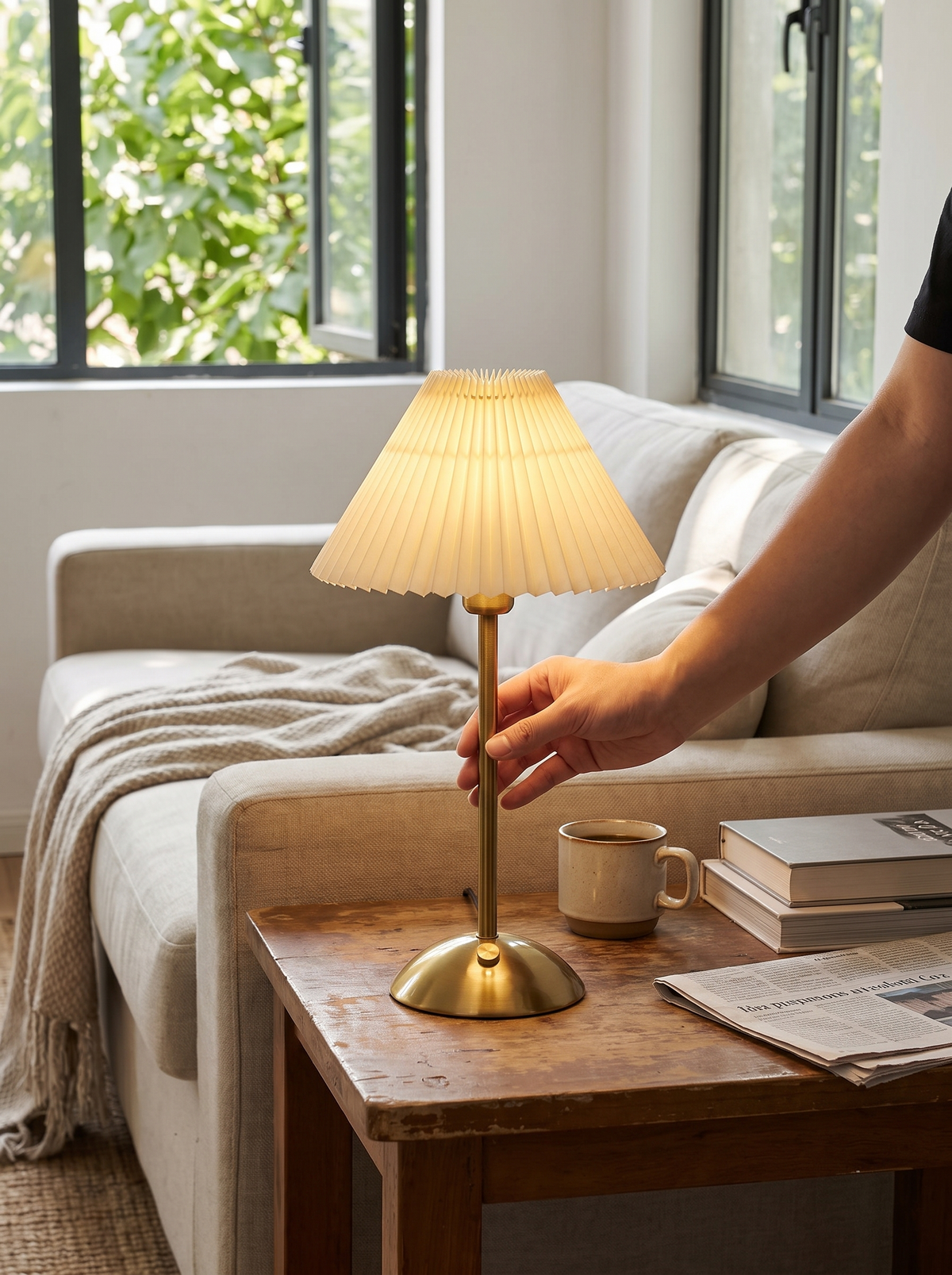 Contemporary Scandinavian Rechargeable Iron Fabric Conic Pleated 1-Light Table Lamp image 2