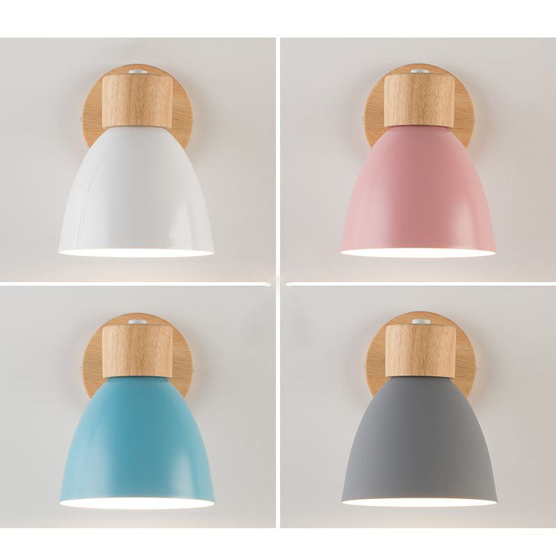 Caramella | Macaron Wall Sconce with Wood Arm and Pull Chain, Colorful Iron Bedside Wall Light