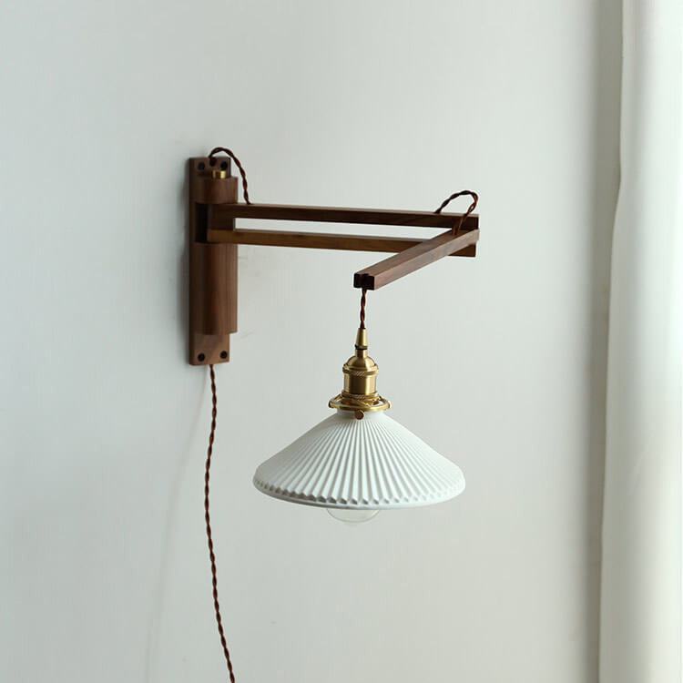 Latte | Striped Milk Glass Swing Arm Wall Sconce, Wood Arm Plug In or Hardwired Bedside Reading Light