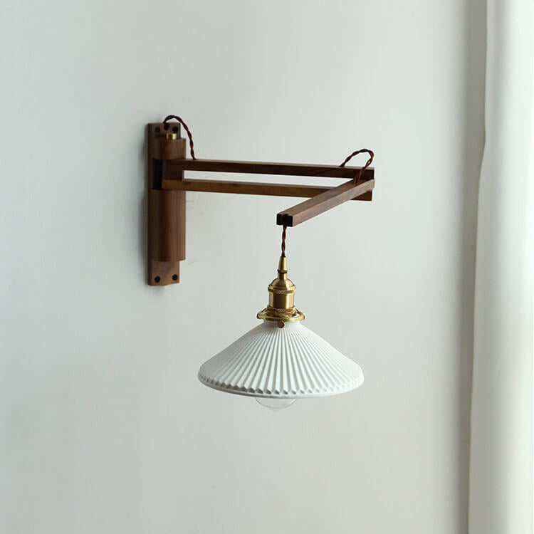 Latte | Striped Milk Glass Swing Arm Wall Sconce, Wood Arm Plug In or Hardwired Bedside Reading Light