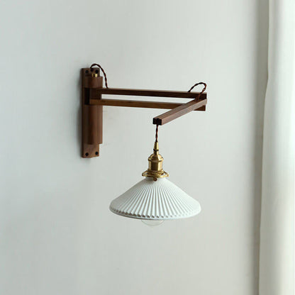 Latte | Striped Milk Glass Swing Arm Wall Sconce, Wood Arm Plug In or Hardwired Bedside Reading Light