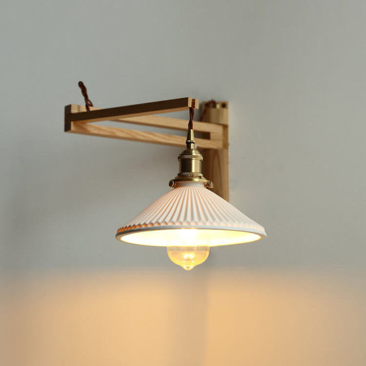Latte | Striped Milk Glass Swing Arm Wall Sconce, Wood Arm Plug In or Hardwired Bedside Reading Light