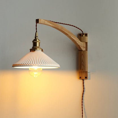 Latte | Striped Milk Glass Swing Arm Wall Sconce, Wood Arm Plug In or Hardwired Bedside Reading Light