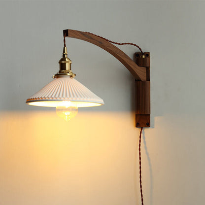 Latte | Striped Milk Glass Swing Arm Wall Sconce, Wood Arm Plug In or Hardwired Bedside Reading Light