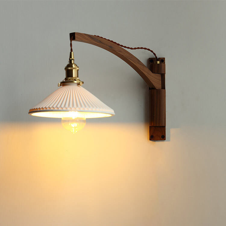 Latte | Striped Milk Glass Swing Arm Wall Sconce, Wood Arm Plug In or Hardwired Bedside Reading Light