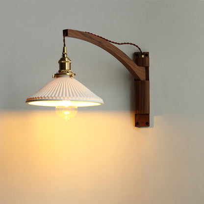Latte | Striped Milk Glass Swing Arm Wall Sconce, Wood Arm Plug In or Hardwired Bedside Reading Light
