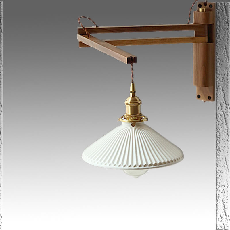 Latte | Striped Milk Glass Swing Arm Wall Sconce, Wood Arm Plug In or Hardwired Bedside Reading Light