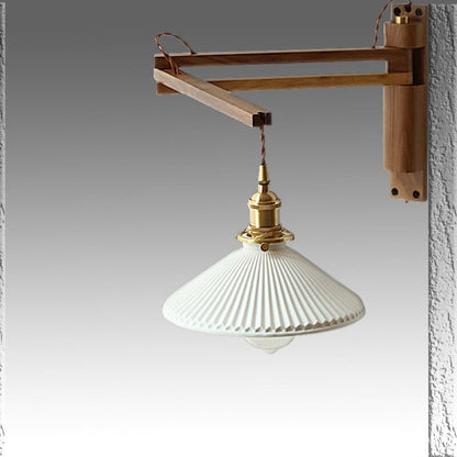 Latte | Striped Milk Glass Swing Arm Wall Sconce, Wood Arm Plug In or Hardwired Bedside Reading Light