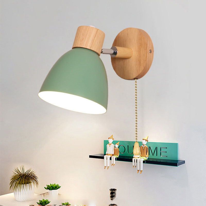 Caramella | Macaron Wall Sconce with Wood Arm and Pull Chain, Colorful Iron Bedside Wall Light