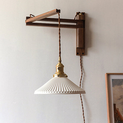 Latte | Striped Milk Glass Swing Arm Wall Sconce, Wood Arm Plug In or Hardwired Bedside Reading Light