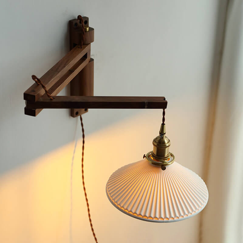 Latte | Striped Milk Glass Swing Arm Wall Sconce, Wood Arm Plug In or Hardwired Bedside Reading Light