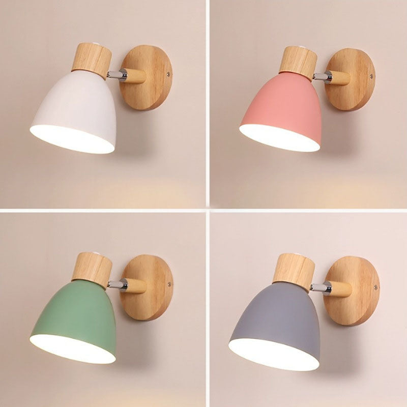 Caramella | Macaron Wall Sconce with Wood Arm and Pull Chain, Colorful Iron Bedside Wall Light