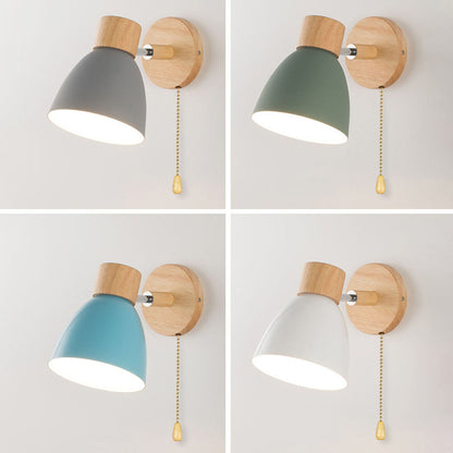 Caramella | Macaron Wall Sconce with Wood Arm and Pull Chain, Colorful Iron Bedside Wall Light