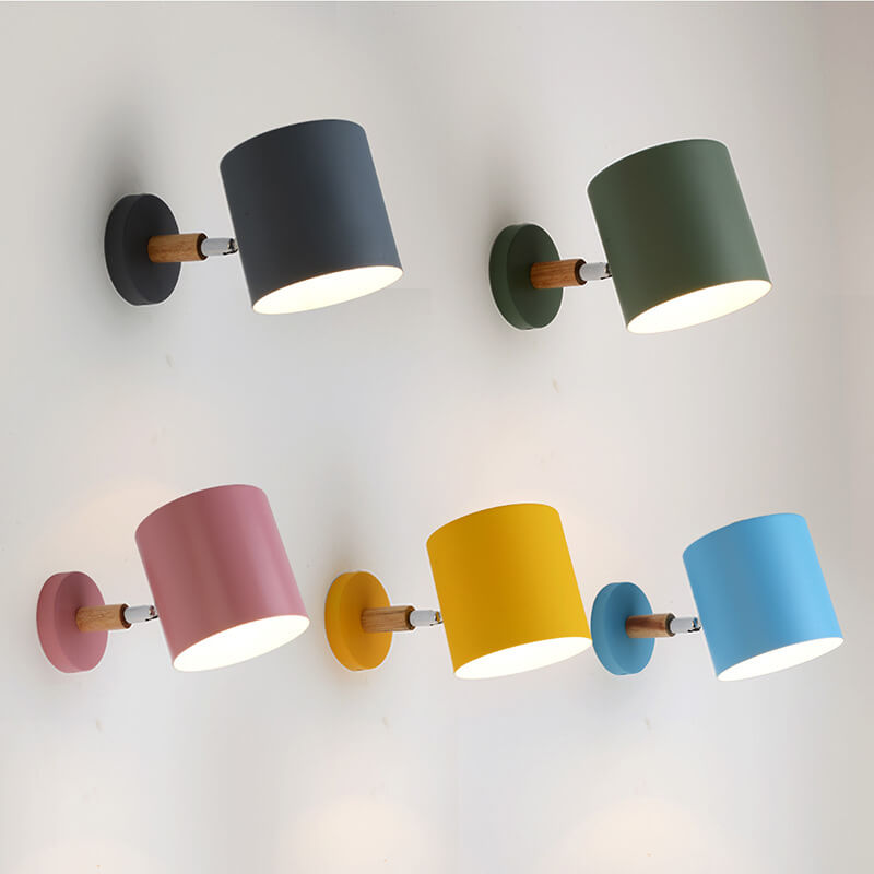 Giro | Rotating Macaron Cylinder Wall Sconce, Small Colorful Metal Wall Light with Wood Mount for Bedside