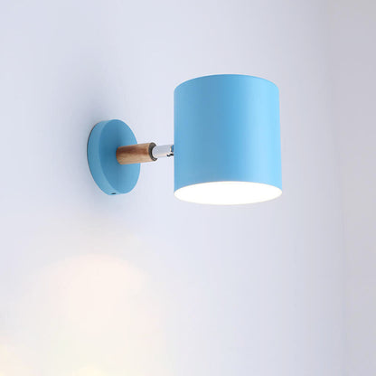 Giro | Rotating Macaron Cylinder Wall Sconce, Small Colorful Metal Wall Light with Wood Mount for Bedside