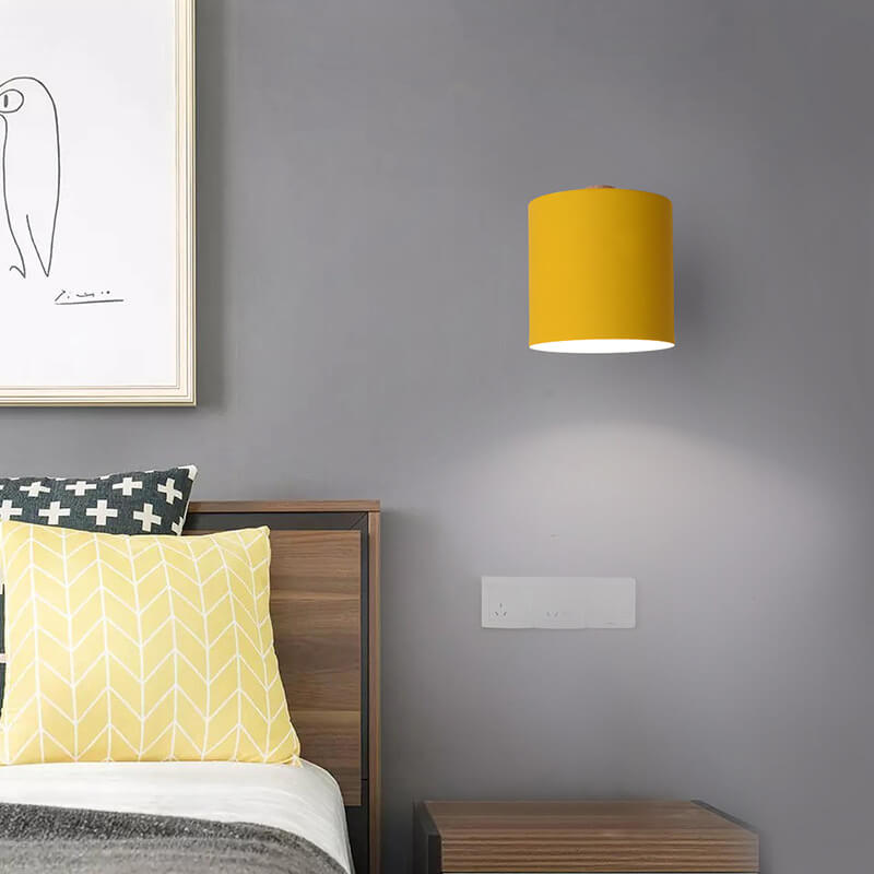 Giro | Rotating Macaron Cylinder Wall Sconce, Small Colorful Metal Wall Light with Wood Mount for Bedside