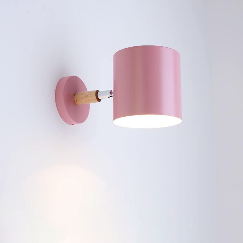 Giro | Rotating Macaron Cylinder Wall Sconce, Small Colorful Metal Wall Light with Wood Mount for Bedside