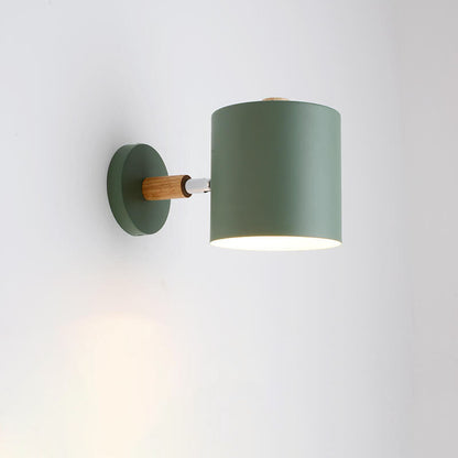 Giro | Rotating Macaron Cylinder Wall Sconce, Small Colorful Metal Wall Light with Wood Mount for Bedside