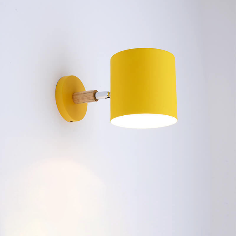 Giro | Rotating Macaron Cylinder Wall Sconce, Small Colorful Metal Wall Light with Wood Mount for Bedside