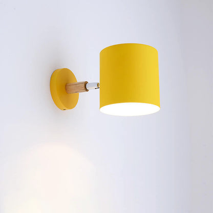 Giro | Rotating Macaron Cylinder Wall Sconce, Small Colorful Metal Wall Light with Wood Mount for Bedside