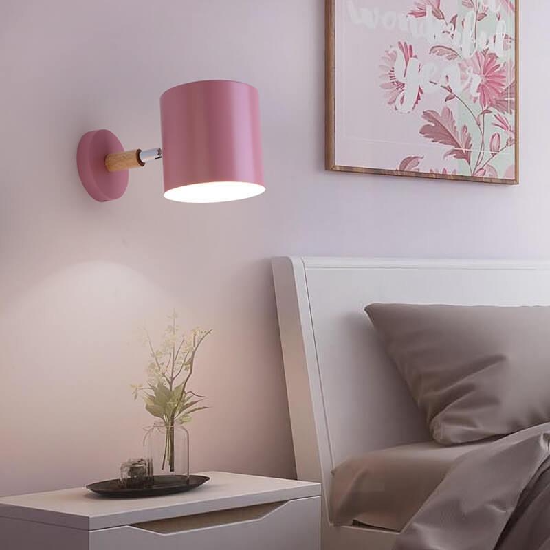 Giro | Rotating Macaron Cylinder Wall Sconce, Small Colorful Metal Wall Light with Wood Mount for Bedside