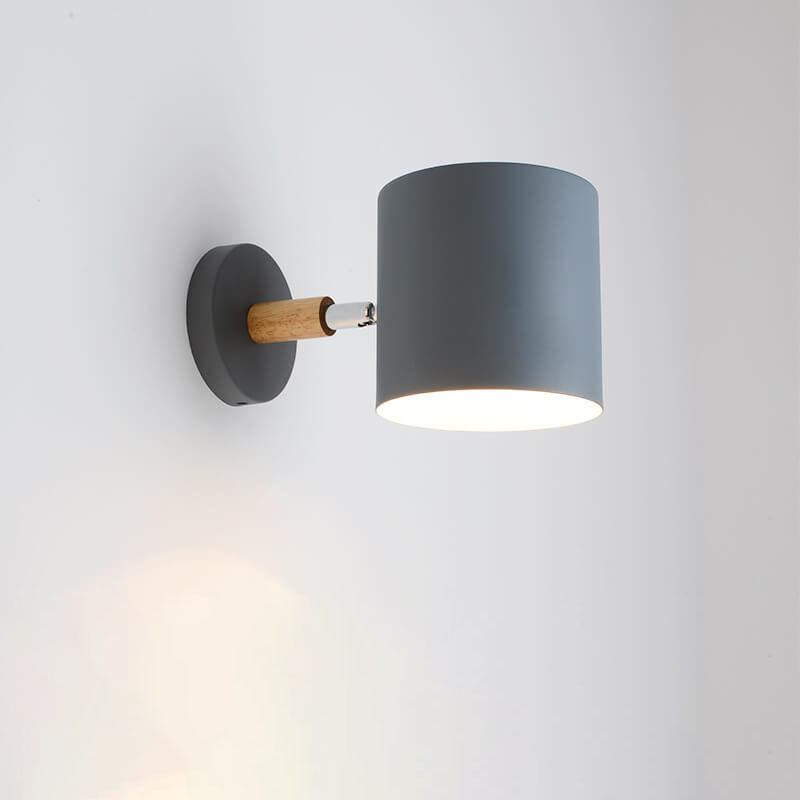 Giro | Rotating Macaron Cylinder Wall Sconce, Small Colorful Metal Wall Light with Wood Mount for Bedside