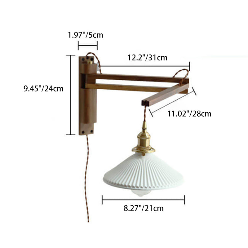 Latte | Striped Milk Glass Swing Arm Wall Sconce, Wood Arm Plug In or Hardwired Bedside Reading Light