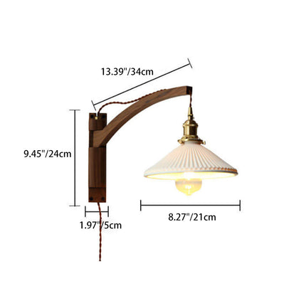 Latte | Striped Milk Glass Swing Arm Wall Sconce, Wood Arm Plug In or Hardwired Bedside Reading Light