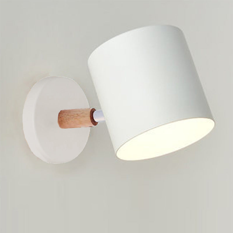 Giro | Rotating Macaron Cylinder Wall Sconce, Small Colorful Metal Wall Light with Wood Mount for Bedside