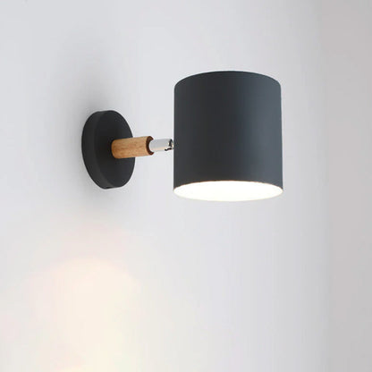 Giro | Rotating Macaron Cylinder Wall Sconce, Small Colorful Metal Wall Light with Wood Mount for Bedside