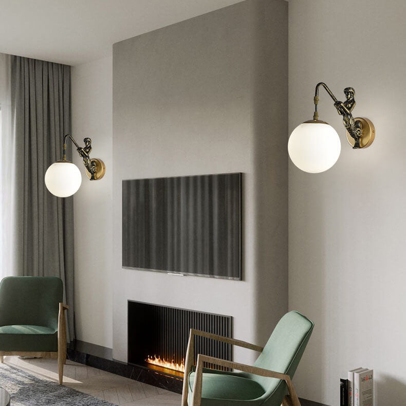 Sirena | Vintage Glass Orb Wall Sconce with Cast Relief Backplate, Black or Gold Wall Light for Hallway