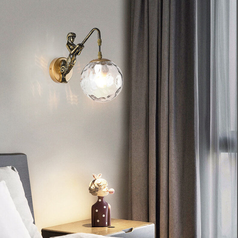 Sirena | Vintage Glass Orb Wall Sconce with Cast Relief Backplate, Black or Gold Wall Light for Hallway