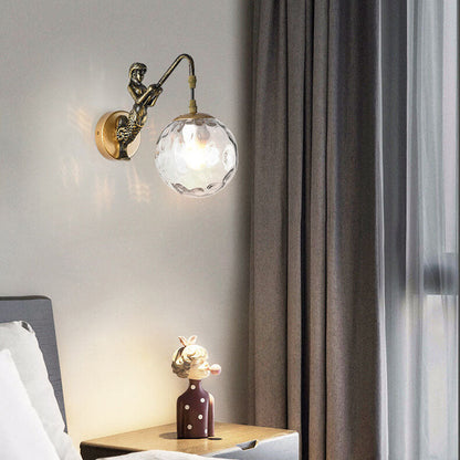 Sirena | Vintage Glass Orb Wall Sconce with Cast Relief Backplate, Black or Gold Wall Light for Hallway