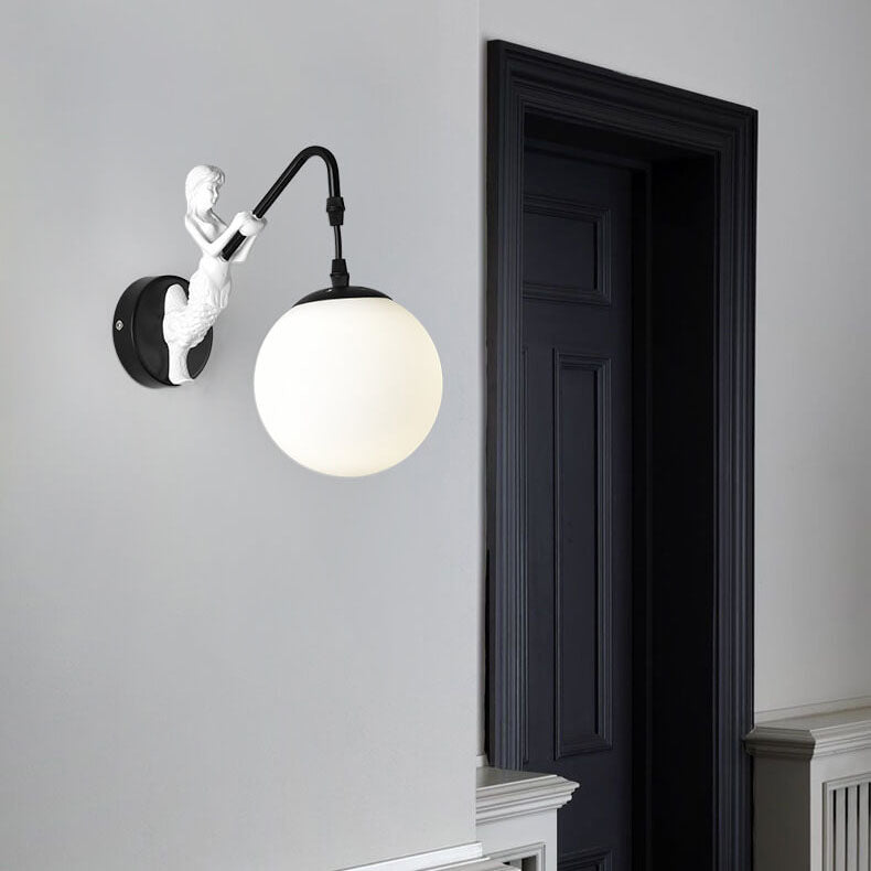 Sirena | Vintage Glass Orb Wall Sconce with Cast Relief Backplate, Black or Gold Wall Light for Hallway