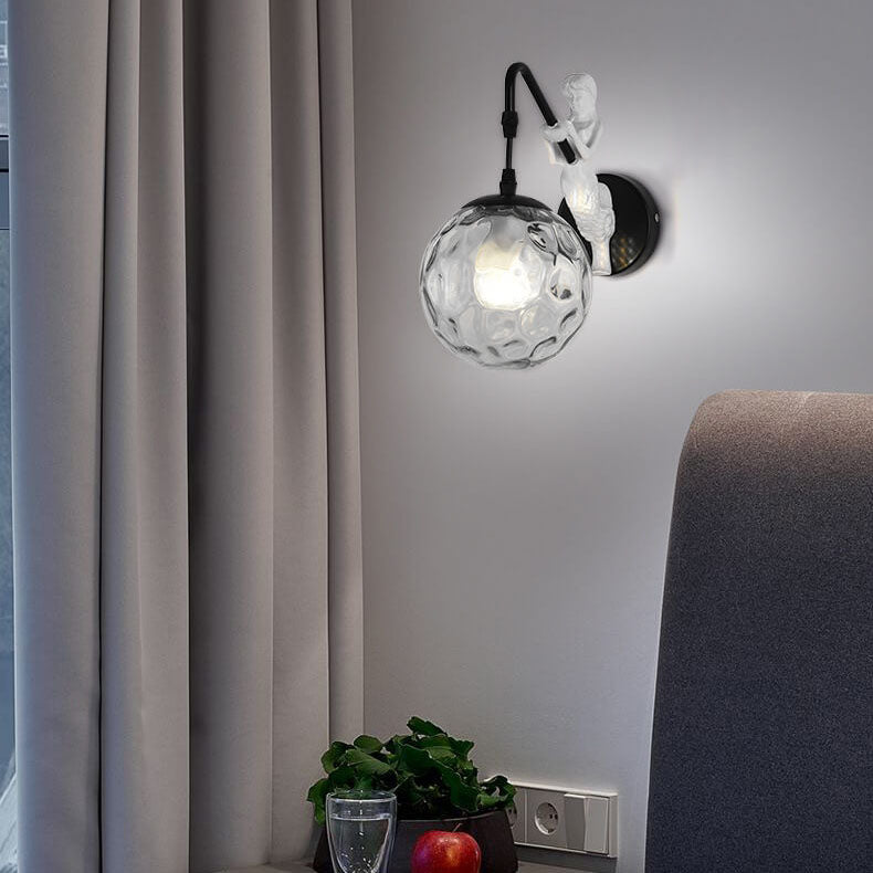 Sirena | Vintage Glass Orb Wall Sconce with Cast Relief Backplate, Black or Gold Wall Light for Hallway